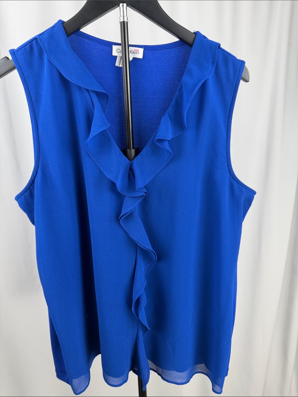 Calvin Klein Cobalt Blue Ruffle Front Sleeveless Blouse Large